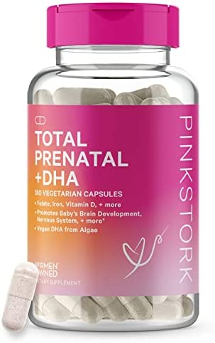 Pink Stork Total Prenatal Vitamin with DHA and Folic Acid: Doctor Formulated, Folate, Iron, Biotin, Vitamin D, Vitamin C + Zinc, Women-Owned, 180 Vegetarian Capsules