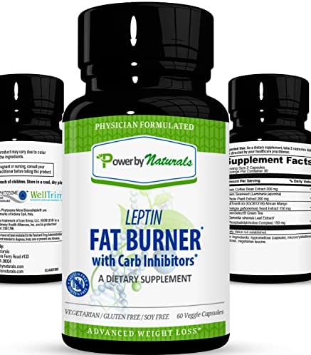 Power By Naturals Leptin Fat Burner with Carb Inhibitor | Leptin Resistance for Weight Loss, Appetite Control & Mental Focus | Carb Blocker with Green Coffee Bean Extract | 60 Veggie Capsules