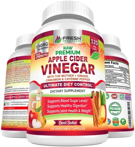 Premium Apple Cider Vinegar Capsules Max 1740mg with Mother - 100% Natural & Raw with Cinnamon, Ginger & Cayenne Pepper - Ideal for Healthy Living, Detox & Digestion -120 Vegan Pills