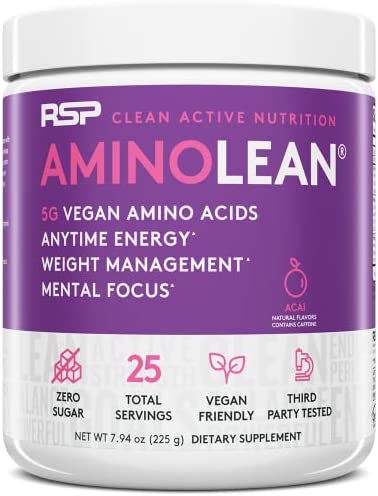 RSP Vegan AminoLean - All-in-One Natural Pre Workout, Amino Energy, Weight Management - Vegan BCAAs, Preworkout for Men & Women, Acai, 25 Serv