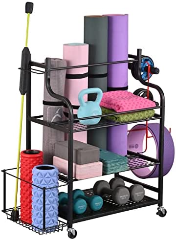 SNAIL Yoga Mat Storage Racks Home Gym Studio Storage Organizer for Dumbbells Kettlebells Foam Roller Yoga Strap and Resistance Bands Large Workout Equipment Storage Rolling Cart With Hooks and Wheels