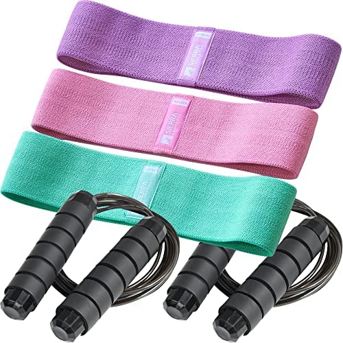 Sierra Concepts Resistance Booty Bands & 2-Pack Jump Rope Skipping Workout Set for Women - Fitness Exercise Equipment Working Out on Leg, Butt, Set of 3 Stretch Fabric Band at Home or Gym