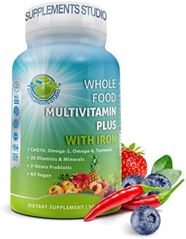 Whole Food Multivitamin Plus with Iron, Daily Vegan Multivitamin for Women and Men, Organic Fruits & Vegetables, B-Complex, Probiotics, Enzymes, CoQ10, Omegas, Turmeric, All Natural, Non-GMO, 90 Count