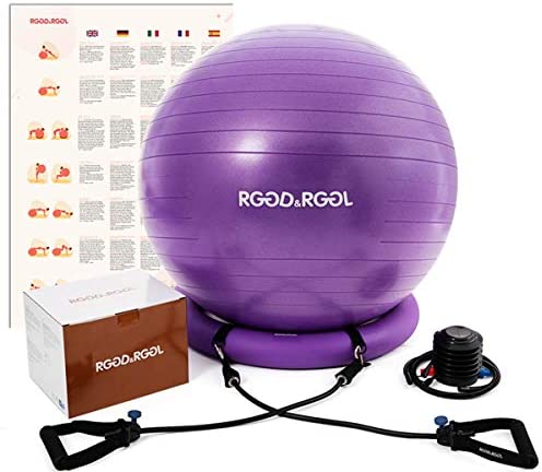 Yoga Ball Chair, RGGD&RGGL Exercise Ball with Leak-Proof Design, Stability Ring&2 Adjustable Resistance Bands for Any Fitness Level, 1.5 Times Thicker Swiss Ball for Home&Gym&Office&Pregnancy (65 cm)