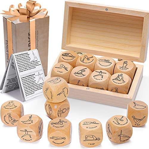 Yoga Dice in Wooden Gift Box with Practice Guide, 8 Workout Exercise Dice, Tons of Possible Combinations, Yoga Accessories Gifts for Beginners Women, Mindfulness Meditation Gifts, Fitness Dice