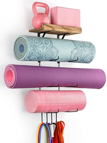 Yoga Mat Holder Accessories Wall Mount Organizer Storage Decor Foam Roller and Towel Storage Rack with 4 Hooks and Wooden Shelves Yoga Mats Rack Resistance Bands for Home Gym School Office