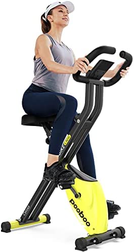 pooboo Folding Exercise Bike Magnetic Foldable Stationary Bike, 3 in 1 Indoor Cycling Bike Upright Fitness Workout X-Bike with 8-Level Resistance and Arm Resistance Band, Pulse Sensor,LCD Monitor