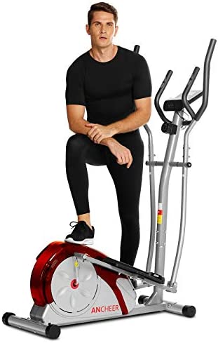 ANCHEER Magnetic Elliptical Machine, Fitness Compact Ellptical Machine with Digital Monior, 8 Level Resistance, LCD Heart Rate Sensor for Home Use Cardio Training (Red)