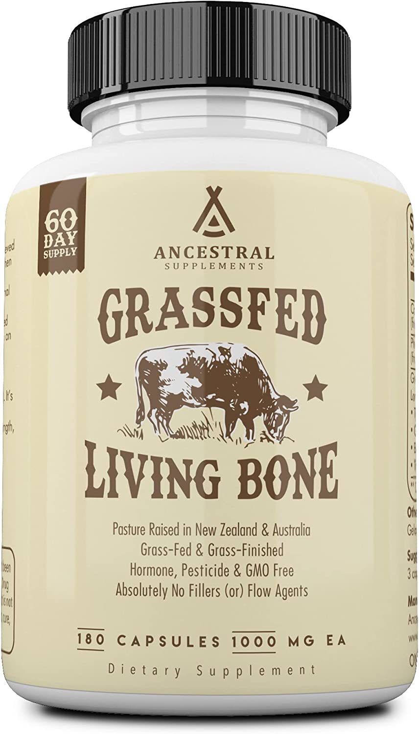 Ancestral Supplements Grass Fed Beef Living Bone Supplement, Bone Meal Capsules Support Bone Health, Oral and Joint Health and Flexibility, Non-GMO, 180 Capsules