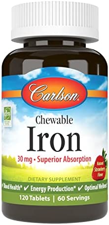 Carlson - Chewable Iron, 30 mg, Superior Absorption, Blood Health, Energy Production & Optimal Wellness, Chewable Iron Supplement for Women & Men, Natural Strawberry Flavor, 120 Tablets