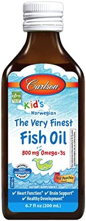 Carlson - Kid's The Very Finest Fish Oil, 800 mg Omega-3s, Liquid Fish Oil Supplement, Norwegian Fish Oil, Wild-Caught, Sustainably Sourced Fish Oil Liquid, Just Peachie, 200 mL (6.7 Fl Oz)