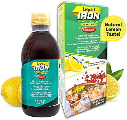 Ceregumil - Liquid Iron, Iron Vitamin with Cyanocobalamin Vitamin B12, Iron from Ferrous Gluconate, and Folic Acid, Gluten-Free Iron Support for Anemia and Constipation, Natural Lemon Flavor 8.45fl oz