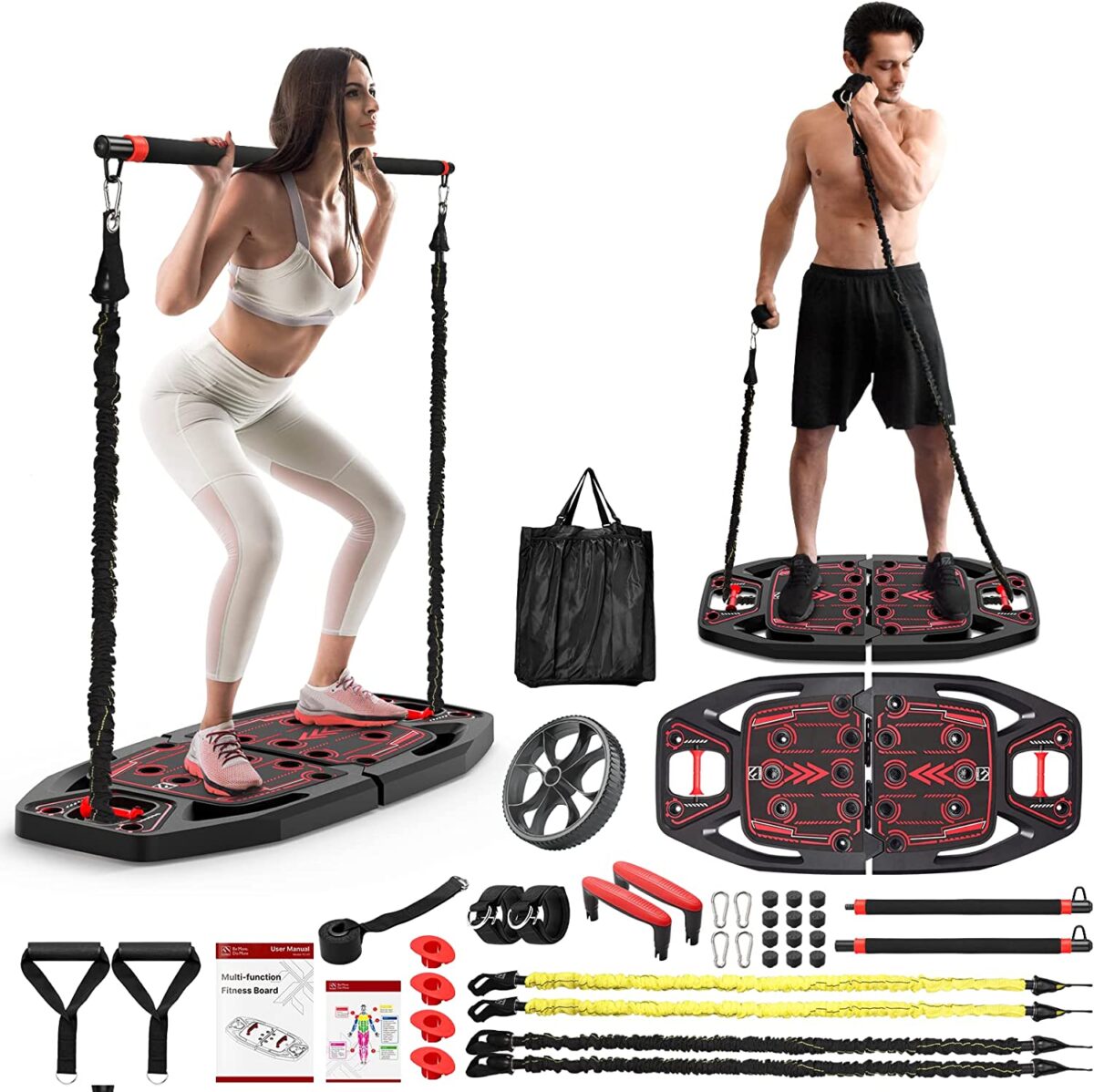 FITINDEX Portable Home Gym, Home Workout Equipment, Gym Equipment for Home with 8 Accessories Including Heavy Resistance Bands, Ab Roller, Push-up Handle, Pilates Bar to Build Muscle and Burn Fat