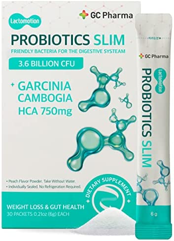 GC Pharma Probiotics Garcinia Cambogia (30 Count, Pack of 1) - Stomach Friendly Peach Flavor Powder. 3.6 Billion CFU. HFA 750mg. for Women Men