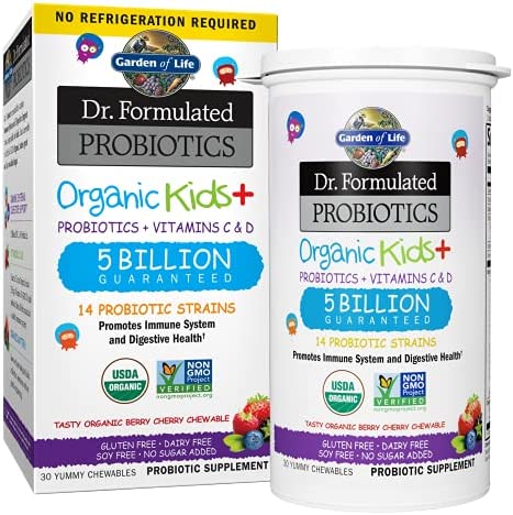 Garden of Life Dr. Formulated Probiotics Organic Kids+ Plus Vitamin C & D - Berry Cherry - Gluten, Dairy & Soy Free Immune & Digestive Health Supplement, No Added Sugar, 30 Chewables (Shelf Stable)