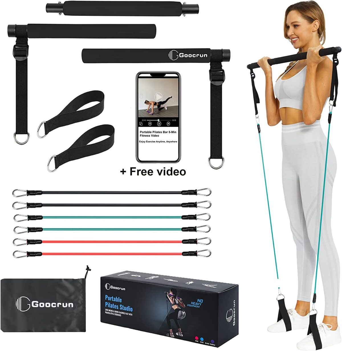 Goocrun Portable Pilates Bar Kit with Resistance Bands for Men and Women - 6 Exercise Resistance Bands (15, 20, 30 LB) - Home Gym Equipment - Supports Full-Body Workouts – with Video