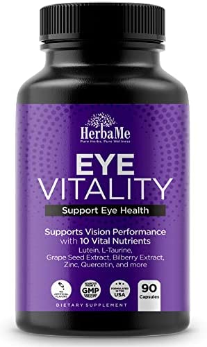 HerbaMe Eye Vitality, Eye Vitamins Supplement with Lutein, Bilberry, Beta Carotene, L-Taurine, Zinc and Quercetin, 90 Capsules, Supports Vision, Ocular and Macular Health, Helps Eyes Filter Blue Light