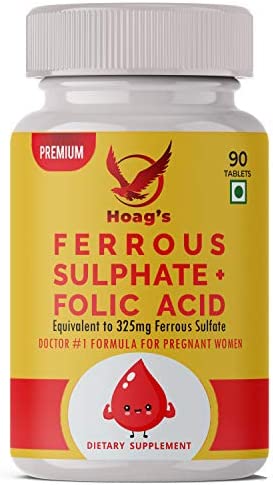 Hoag's Iron 65mg Ferrous Sulfate with Calcium & folic Acid Supplement Support red Blood Cell Production - 90 Veg Tablets