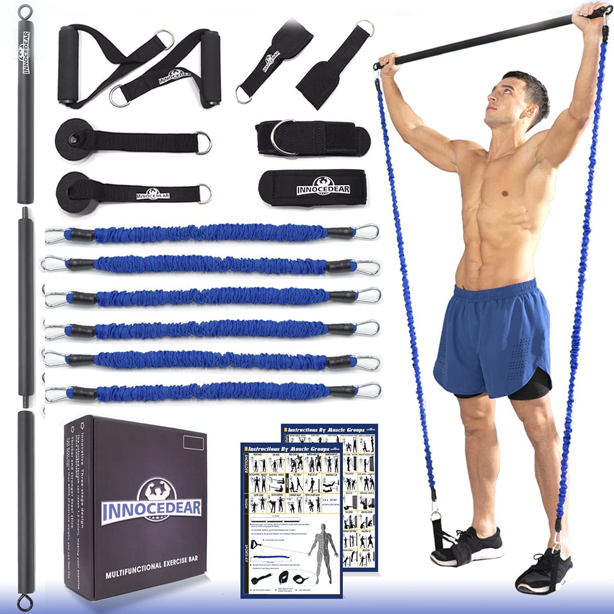 INNOCEDAR Home Gym Bar Kit with Resistance Bands,Portable Gym Full Body Workout,Adjustable Pilates Bar System,Safe Exercise Weight Set,Home Exercise Equipment for Men&Women- Muscle&Fitness