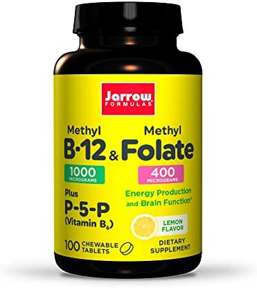 Jarrow Formulas Methyl B-12 & Methyl Folate - 100 Chewable Tablets, Lemon - Bioactive Vitamin B12 & B9 - Supports Energy Production, Brain Function & Metabolism - Gluten Free - 100 Servings