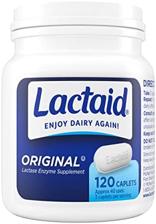 Lactaid Original Strength Lactose Intolerance Relief Caplets with Natural Lactase Enzyme, Dietary Supplement to Help Prevent Gas, Bloating & Diarrhea Due to Lactose Sensitivity, 120 ct