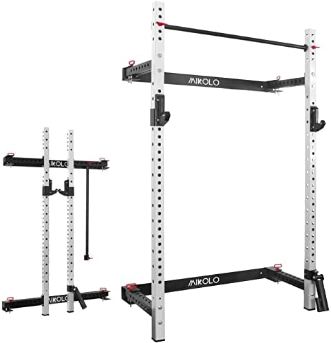 Mikolo Folding Squat Rack,800Lbs Capacity Wall Mounted Power Rack with Pull Up Bar,J Cups,Landmine,Space Saving Home Gym Equipment