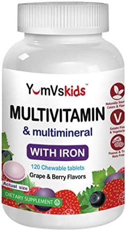 Multivitamin & Multimineral with Iron Chewables for Kids by YumVs | Daily Dietary Supplement for Children | Natural Grape and Berry Flavor Chewables-120 Count