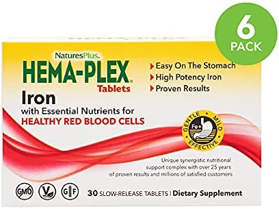 NaturesPlus Hema-Plex Iron - 30 Sustained Release Tablets, Pack of 6 - 85 mg Elemental Iron - Total Blood Health - with Vitamin C & Bioflavonoids - Vegan, Gluten Free - 180 Total Servings