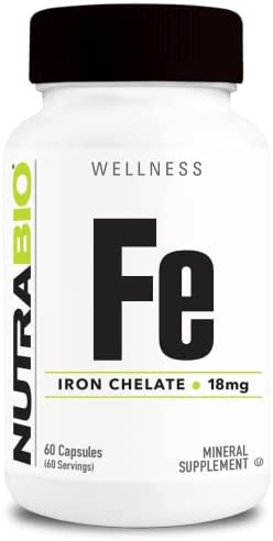 NutraBio Iron Chelate (18mg), Ferrous Bisglycinate Chelate, Supports Red Blood Cell Health, 60 Capsules