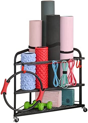 PLKOW Yoga Mat Storage Rack, Home Gym Storage Rack for Yoga Mat, Foam Roller, Resistance Bands, Yoga Block and Dumbbells, Rolling Workout Storage Rack with Wheels and Hooks, Powder Coated Finish Steel