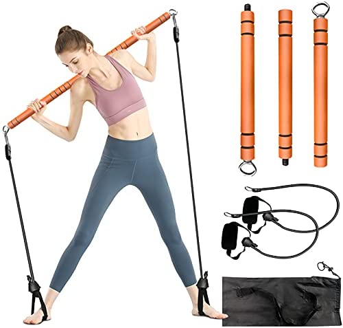 Pilates Bar Kit with Resistance Band, Portable Pilates Stick Home Gym Workout, 3-Section Yoga Pilates Stick Muscle Exercise Equipment Toning Bar & 2 Latex Resistance Bands for Full Body Fitness