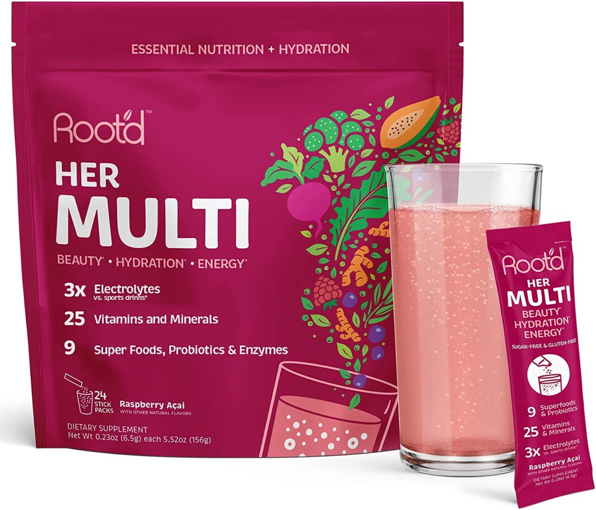 Powder MULTIvitamin + Electrolytes for Women - 25 Vitamins & Minerals + Hydration | Vitamin D A C E B Complex B12 Biotin Iron Probiotic Organic Super Greens & Beets | 24 Effervescent Drink Mix Packets