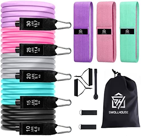 SWOLLHOUSE Booty Bands for Women 14 Pc. Resistance Bands with Handles, Progressive Strength Training with Latex Bands and Fabric Loops for Firming, Toning, and Slimming Abs and Body