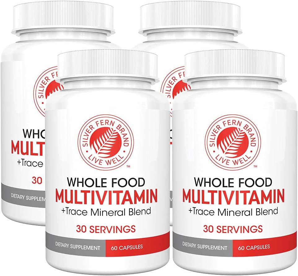 Silver Fern Whole Food Daily Multi Vitamin w/ Trace Mineral Blend Supplement - 4 Bottles - 60 Vegicaps Each - 120 Day Supply - Natural, Non-GMO, Vegan, Multivitamin for Man & Woman - Zero Synthetics