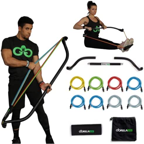 Travel Gorilla Bow Portable Home Gym Resistance Bands and Bar System for Fitness, Weightlifting and Exercise Kit, Full Body Workout Equipment Set