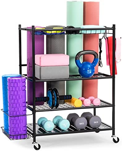 UMINEUX Yoga Mat Storage Racks, Home Gym Storage for Foam Roller, Dumbbells, Kettlebells, All in One Workout Equipment Storage Organizer with Hooks and Wheels