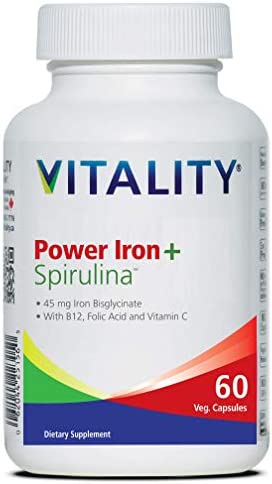 VITALITY Power Iron + Spirulina | 45mg Iron | Blood Builder | Iron Deficiency Support | Vegan | All Natural Supplement | Gentle on Stomach | Capsules… (60 Count (Pack of 1))