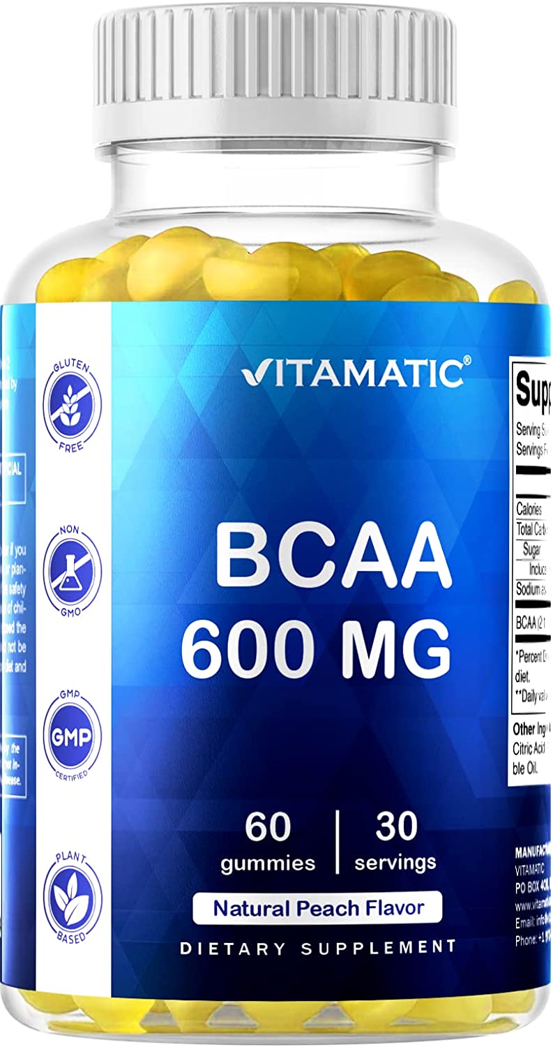 Vitamatic BCAA Gummies - Branch Chain Amino Acid Supplements - Peach Flavor - 600mg per Serving - 60 Vegan Pectin Based Gummies