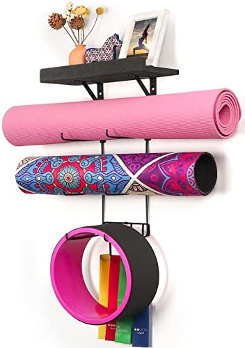 Yoga Mat Holder Wall Mount Yoga Mat Storage Home Gym Accessories with Wood Floating Shelves and 4 Hooks for Hanging Foam Roller and Resistance Bands at Fitness Class or Home Gym