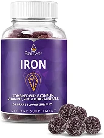 BeLive Iron Gummies with Vitamin C, A, B Complex, & Folate - Multivitamins for Adults & Children - Delicious with No After Taste, Vegan - Grape Flavor