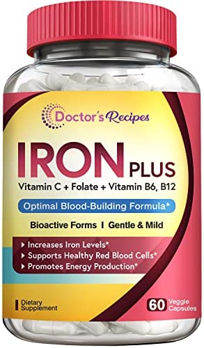 Doctor's Recipes Blood-Supporting Iron Supplement, 36mg Elemental Iron (Ferrous Bisglycinate), No Constipation, Vitamin C for Enhanced Absorption, with Vitamin B6, Folate & B12, 60 Vegan Capsules