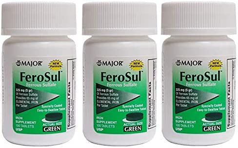 FeroSul Ferrous Sulfate, Iron Supplement, Green, 325 mg (5gr), 100 Tablets - Pack of 3