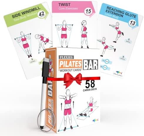 Flexies Pilates Bar Workout Cards - 58 Exercise Cards with Pilates Stick Work Out Postures, Instructions & Breathing Tips | Free Ring & Dry-Erase Marker to Create Your Customize Workout Planner Chart