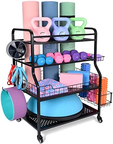 Heavy Duty Dumbbell Rack-Yoga Mat Holder Storage Rack-Home Gym Storage Rack-Weight Rack for Dumbbells Kettlebells Yoga Mat Bosu Ball-Workout Equipment Organizer with Wheels and Hooks-450lbs Weight Cap