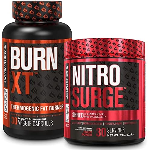 Jacked Factory Burn-XT Thermogenic Fat Burner & NITROSURGE Shred Thermogenic Pre-Workout in Fruit Punch for Men & Women