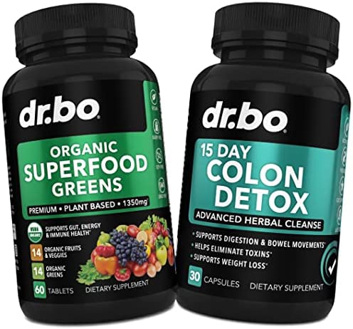 Organic Superfood Greens & Fruit Supplements - 15 Day Colon Cleanser Detox for Weight Loss - Green Veggie Powder Blend Vegetable Foods & Fast Acting Natural Laxative Cleanse for Constipation Relief