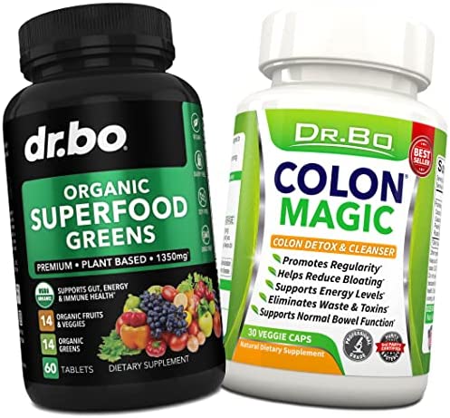 Organic Superfood Greens & Fruit Supplements - Colon Cleanse Detox Formula for Intestinal Bloating - Green Veggie Powder Blend Vegetable Foods & Constipation Relief Supplement Gut, Belly, Stomach