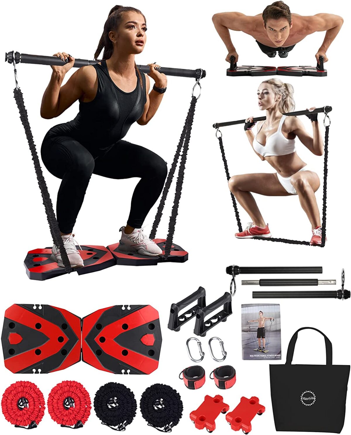 Portable Home Gym Workout Equipment with 12 Exercise Accessories Including Heavy Resistance Bands,Abs Workout,,Push-up Stand, Tricep Bar,Pilates Bar and More for Full Body Workouts System Men Women