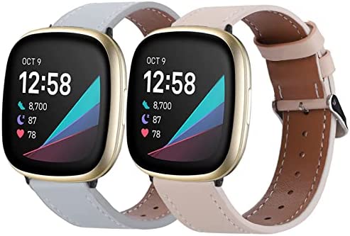 2 Pack Leather Bands Compatible with Fitbit Versa 3 Bands / Fitbit Sense Bands for Women Men, Classic Soft Leather Replacement Wristbands Strap for Fitbit Versa 3 / Fitbit Sense