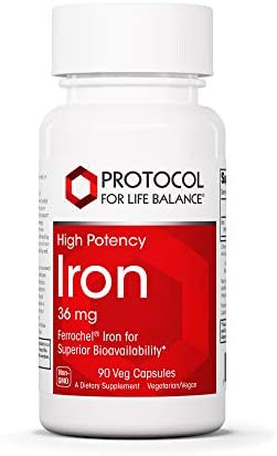 Protocol For Life Balance - Iron 36 mg (High Potency) - Ferrochel Iron for Superior Bioavailability, Helps Increase Energy, Healthy Pregnancy, Strengthens Muscles - 90 Veg Capsules